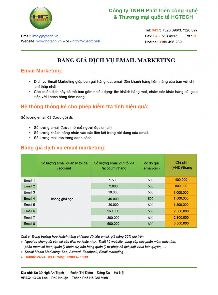 Bảng giá dịch vụ email marketing