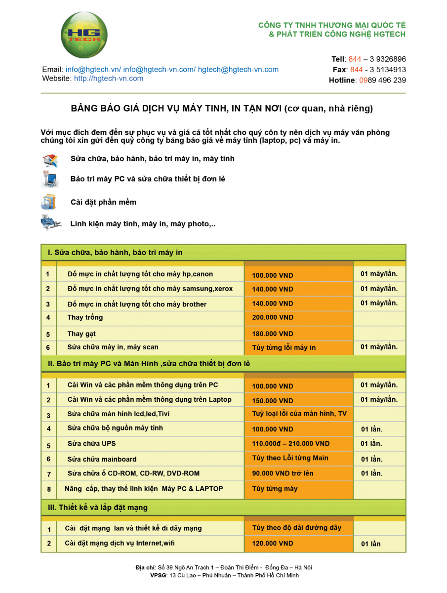 Bảng báo giá dịch vụ máy tính, in tận nơi